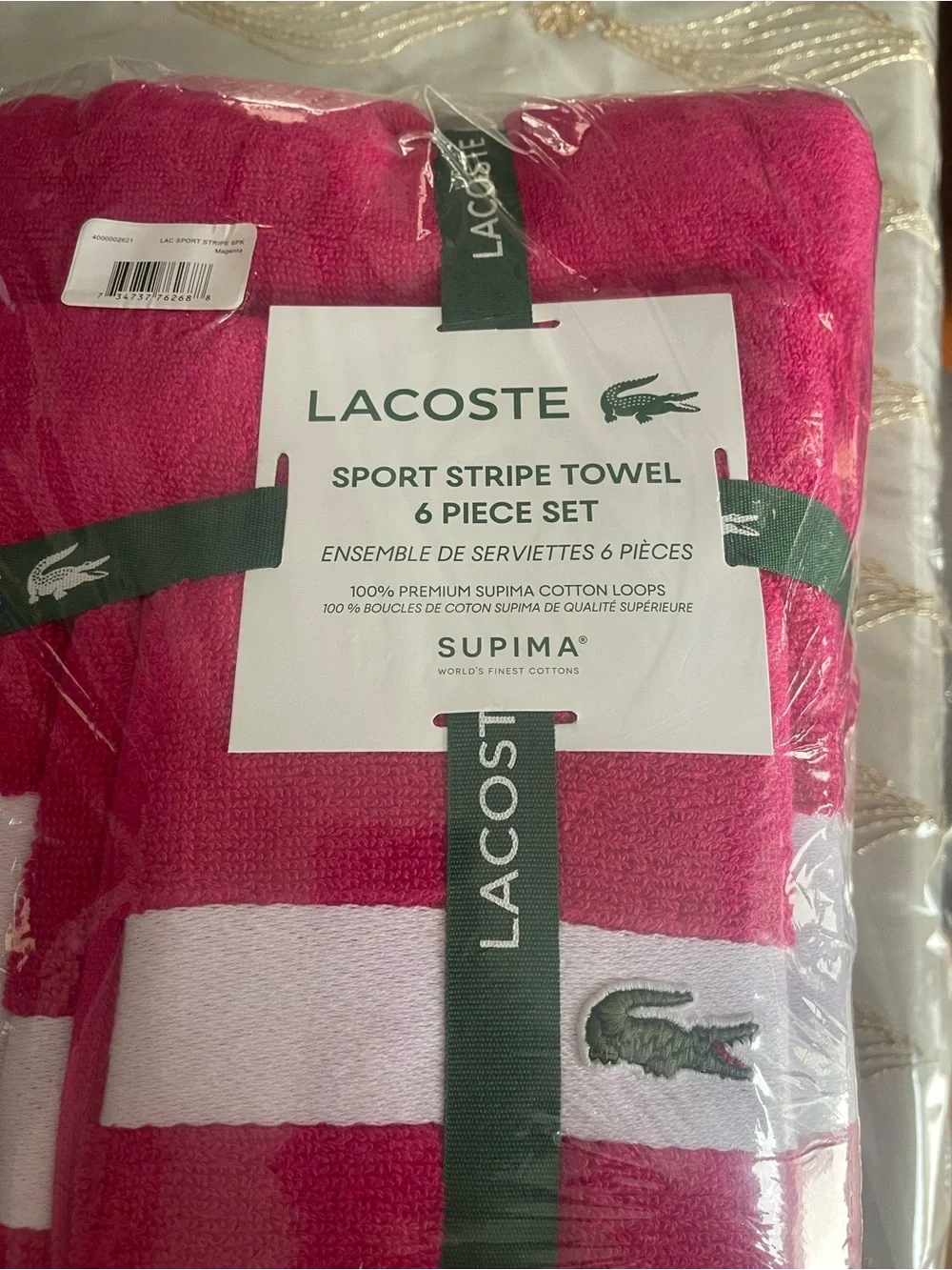 NWT Lacoste heritage sport strip logo cotton 6pc bath towel set color magenta